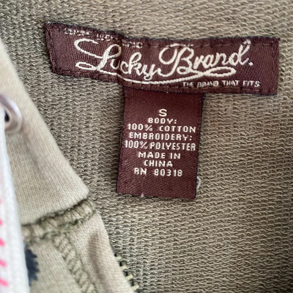 SOLD Lucky Brand Embroidered Khaki Green Zip Front Hoodie Sweatshirt NWOT - Picture 4 of 14